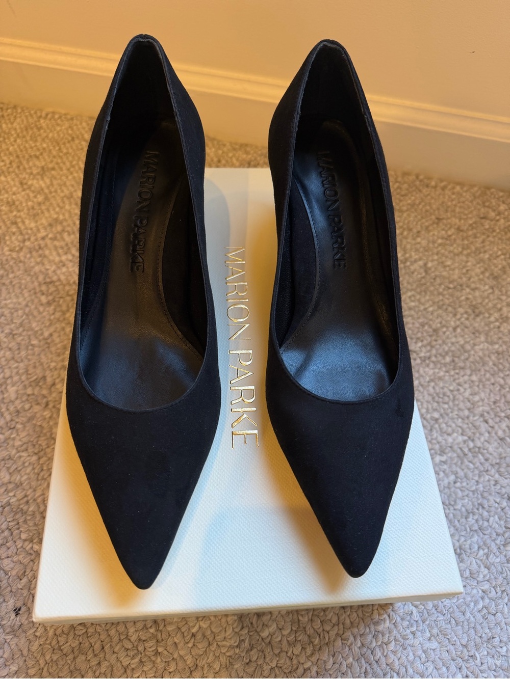 Marion Parke Black Suede Flared Kitten Heel Pump - Brand New In Box 38 US 7.5